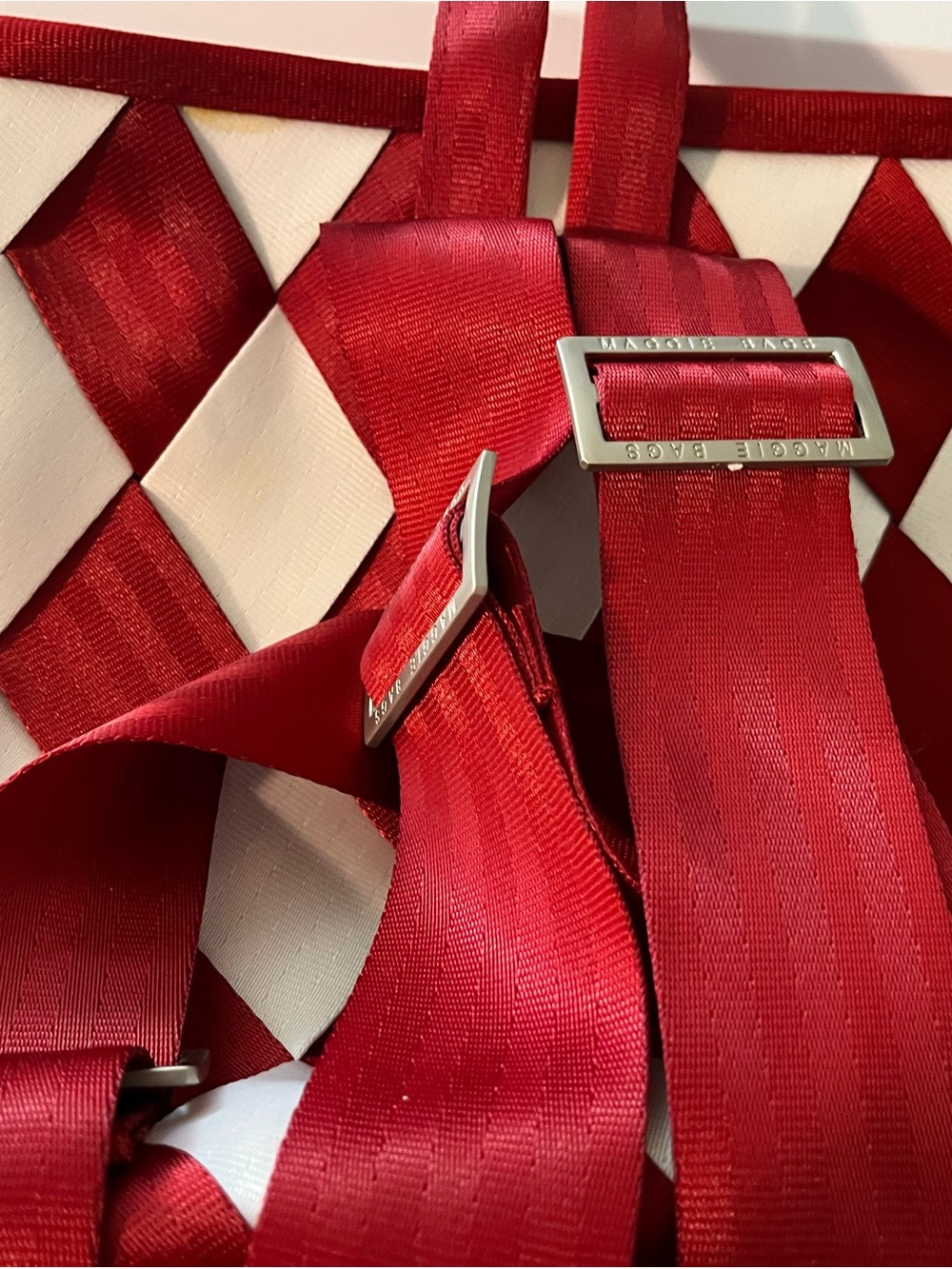 Maggie Bags Red & White woven seatbelts. Backpack purse - Picture 3 of 6